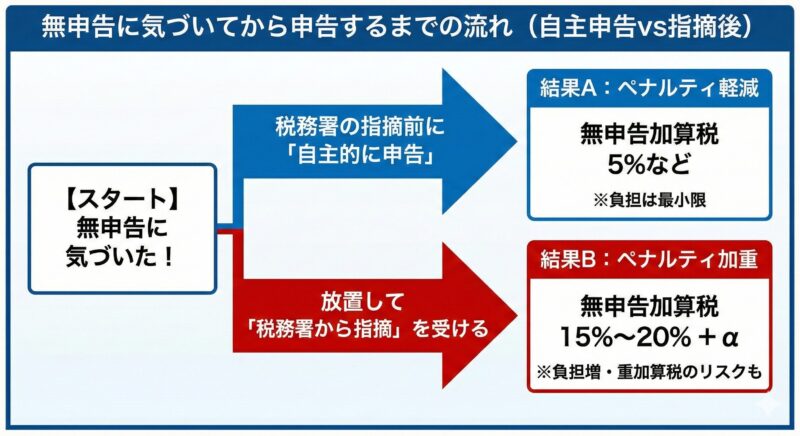 無申告に気づいてから申告するまでの流れ（自主申告vs指摘後）
