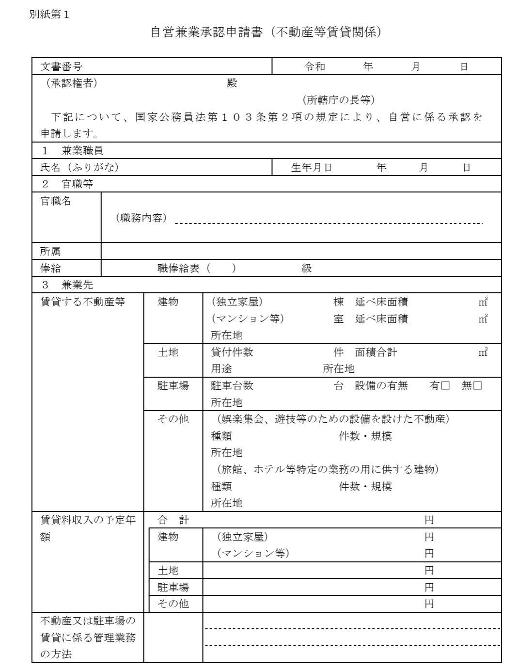 自営兼業承認申請書