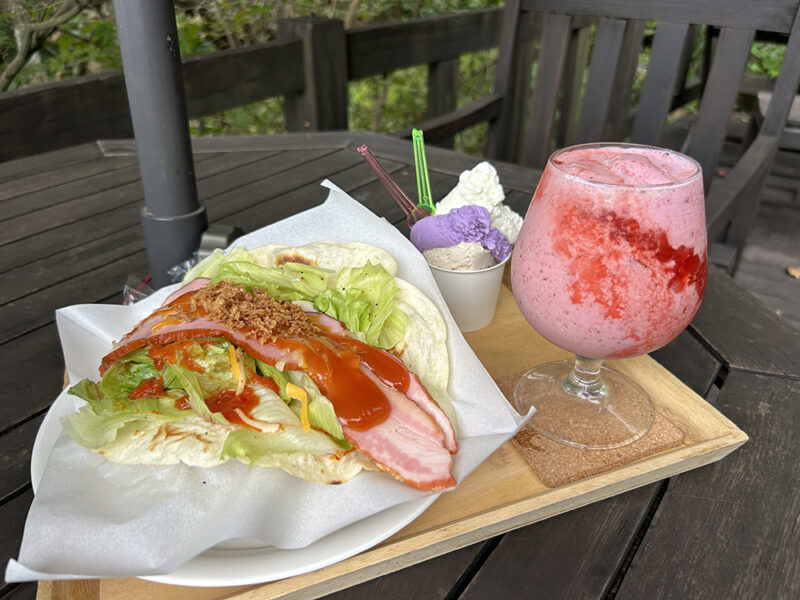 「焼きベーコンのイタリアンタコス(800円)」、「くじゅう高原ジェラート(トリプル:600円)」、「ストロベリージェラートシェイク(800円)」