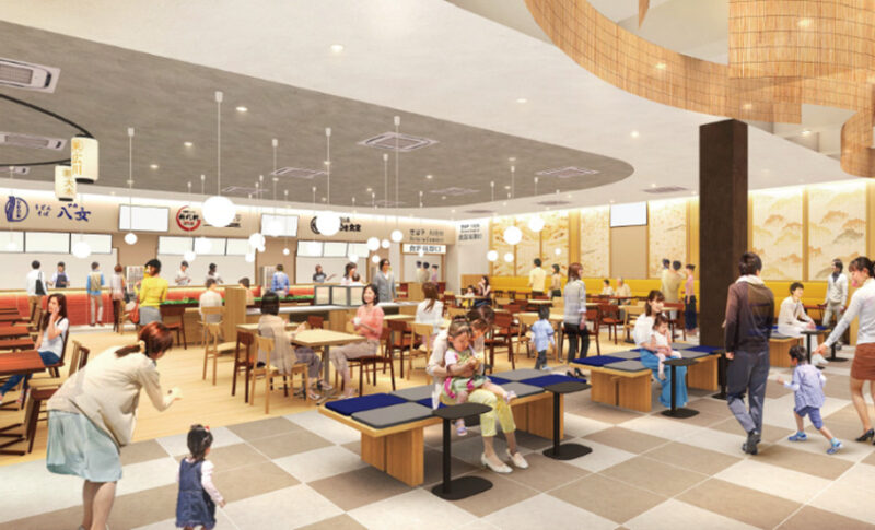 フードコートにも、地元の伝統工芸である大川組子を用いていてモダンな雰囲気