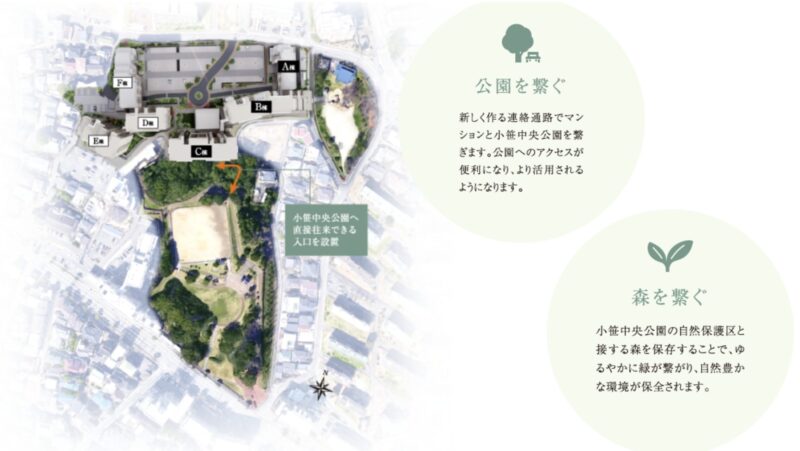 連絡通路からは「小笹中央公園」へ直結