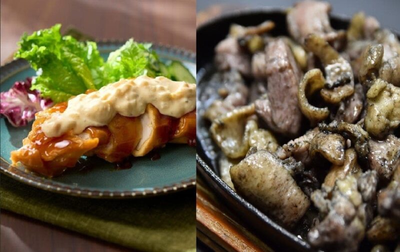 宮崎「鶏専家 一本気」左)チキン南蛮むね身（150g）1,080円、右)地頭鶏もも炭火焼（100g）1,080円