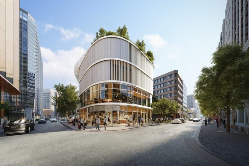 モダンな外観が目を引く店舗棟