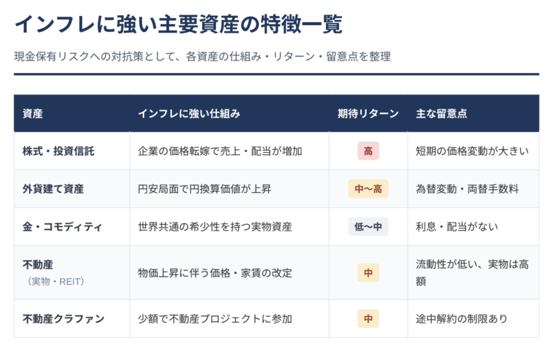 インフレに強い主要資産の特徴一覧