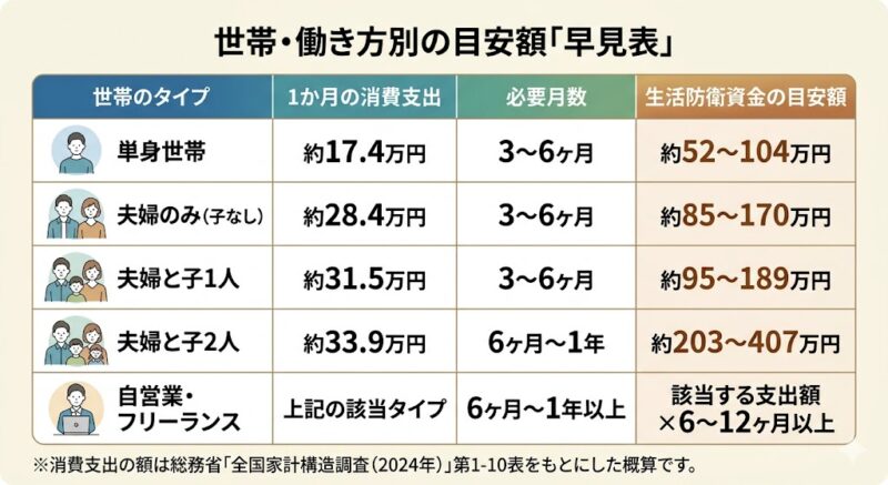 世帯・働き方別の目安額「早見表」