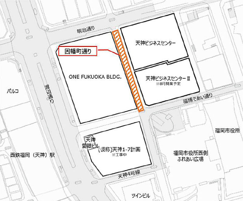 天神の真ん中に”中庭空間”となる、歩行者専用道路・因幡町通り誕生