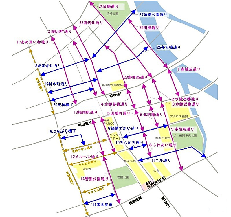 天神の真ん中に”中庭空間”となる、歩行者専用道路・因幡町通り誕生