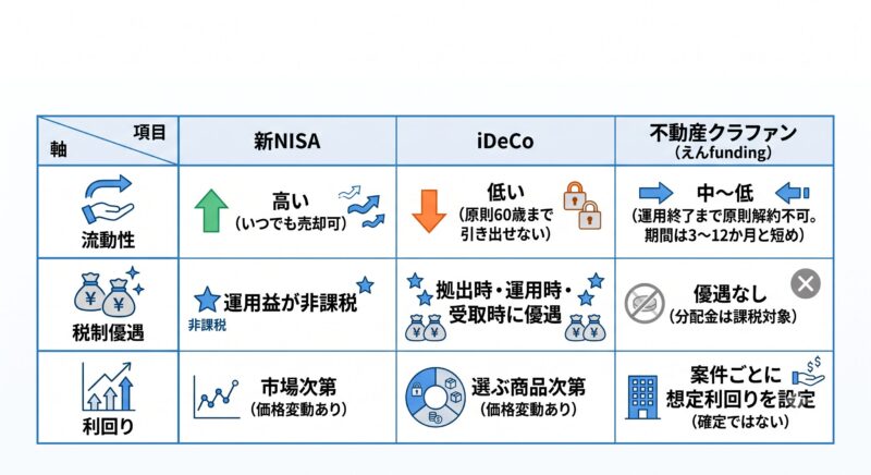 新NISA・iDeCo・不動産クラファンを比較する3つの軸