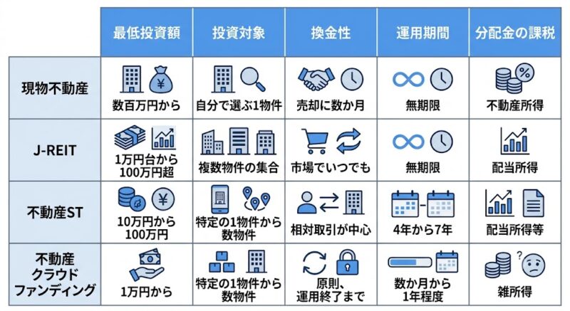 4つの投資方法を5つの軸で比較